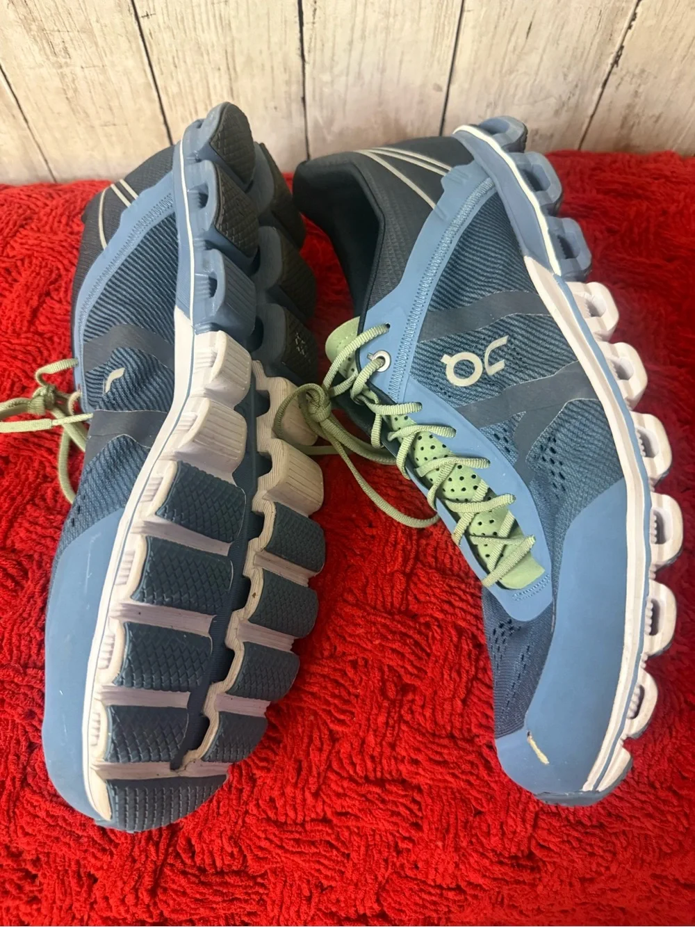 ON Cloudflow Running Shoes Mens 12.5 Blue Green Stripe Athletic Sneakers